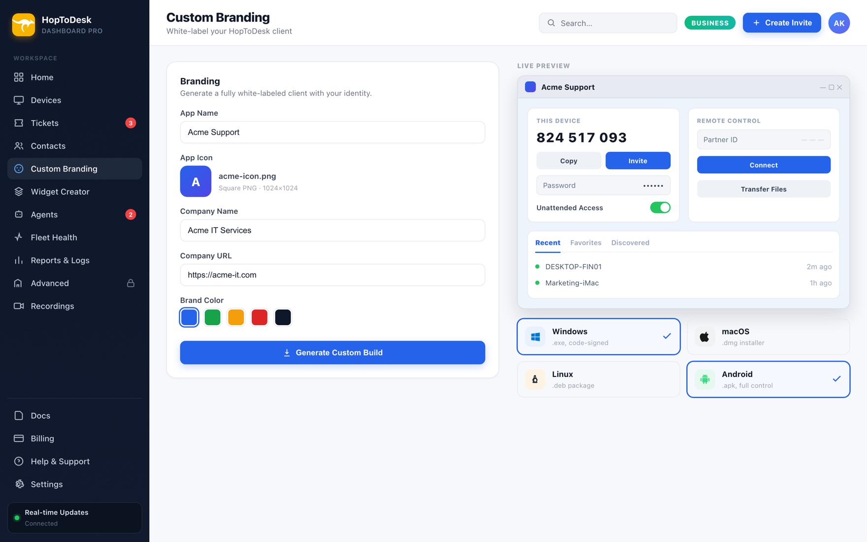 Custom branding page with a live preview of a white-labeled HopToDesk client